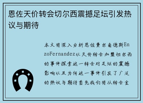 恩佐天价转会切尔西震撼足坛引发热议与期待