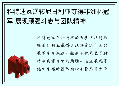 科特迪瓦逆转尼日利亚夺得非洲杯冠军 展现顽强斗志与团队精神